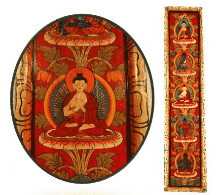 Panel de 5 Budas pintado a mano en rojo