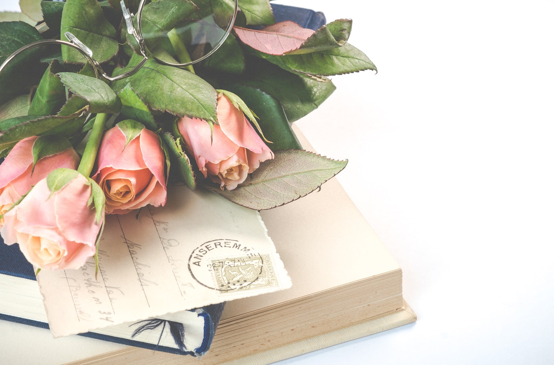 Libro con postal y rosas rosas