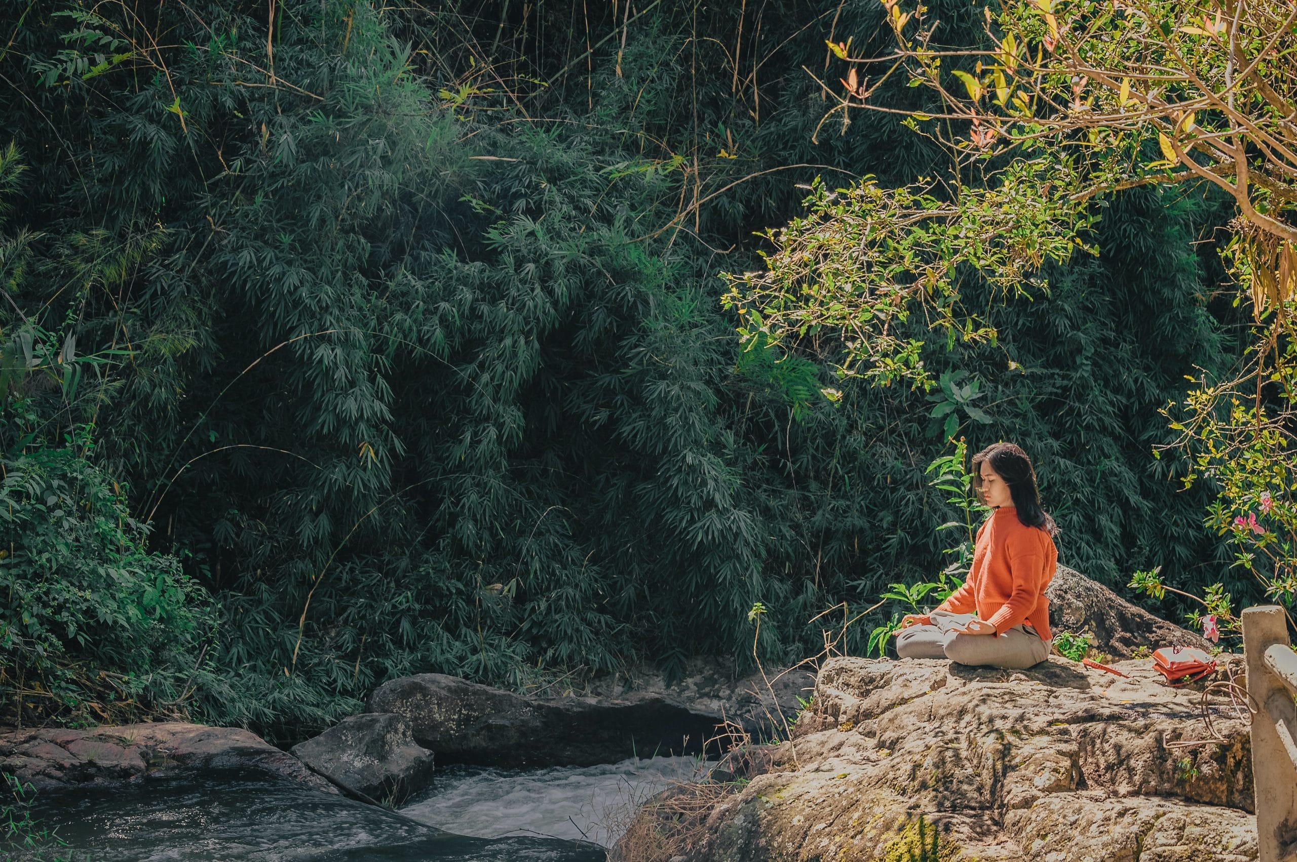 mujer meditando en la naturaleza chakra del corazón
