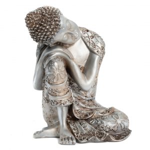 Figura de Buda tailandés durmiendo de rodillas Poliresina color plateado (22 cm)