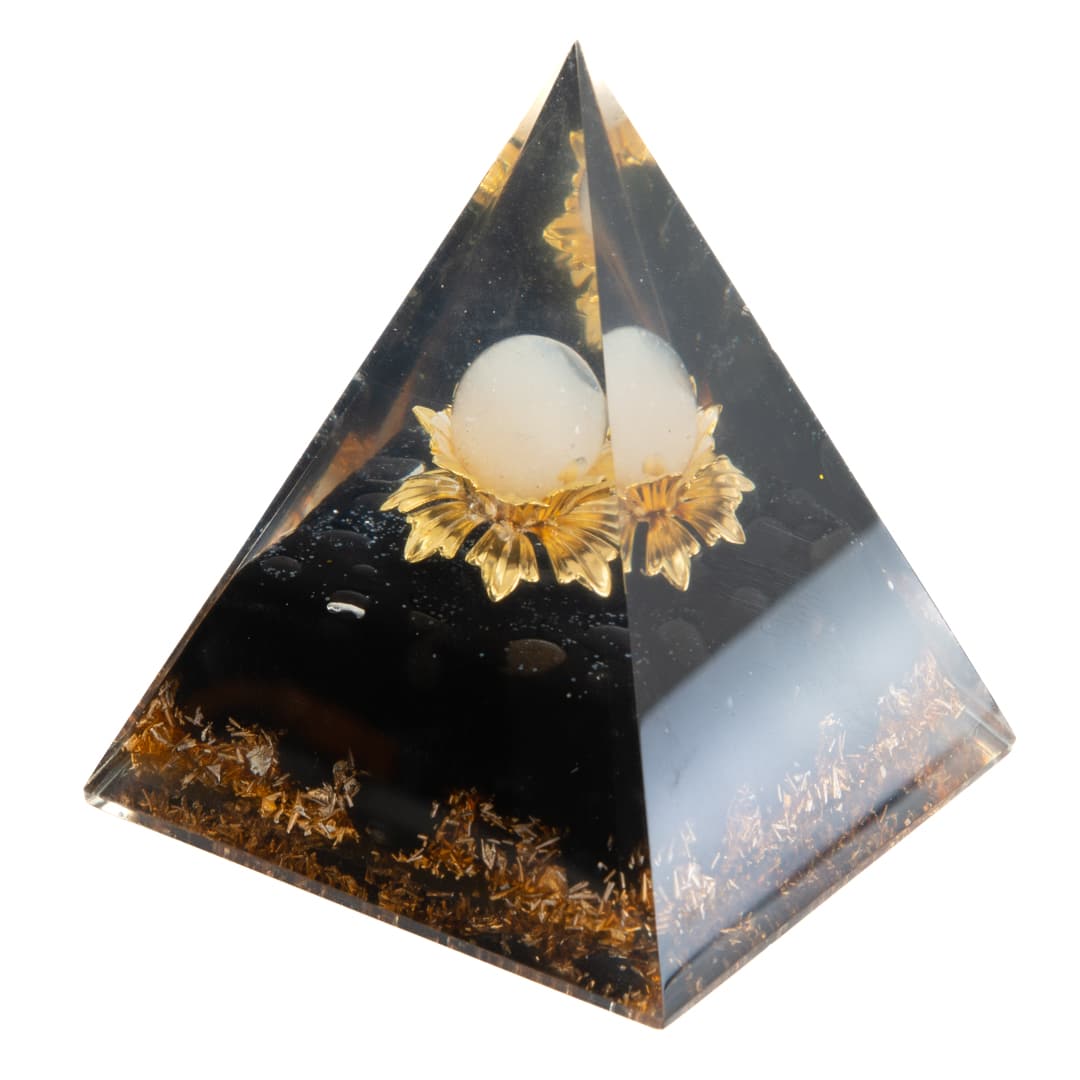 Pirámide de Orgonita Turmalina Negra con Esfera de Cuarzo en Flor de Loto (80 mm)