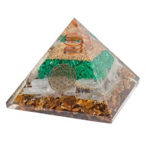 Pirámide de Orgonita, Malaquita, Selenita y Ojo de Tigre - Flor de la Vida (70 mm)
